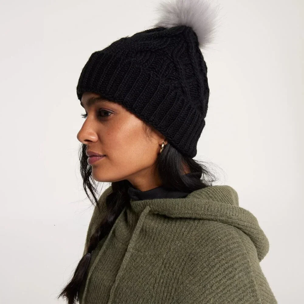 NWT CALIA Cable Knit Black Pom Winter Beanie